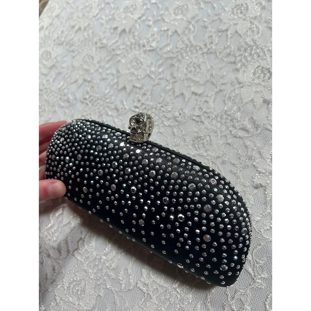 Black Satin Rhinestone Skull Evening Clutch Bag Gothic Grunge Formal Y2K Glam